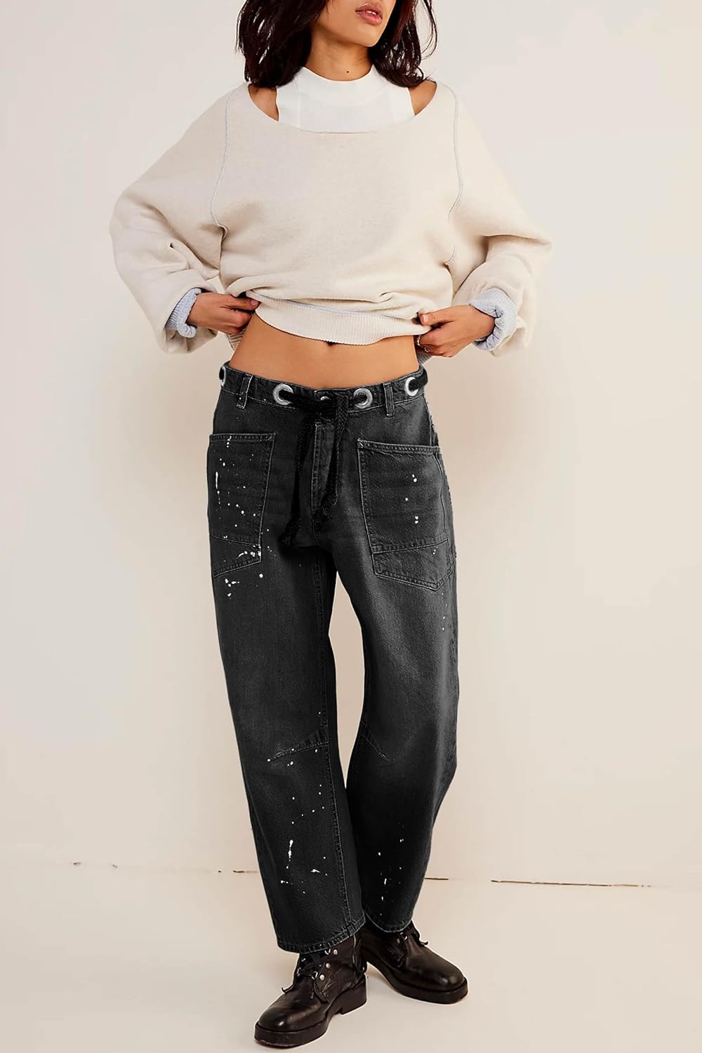 Cicy Bell Womens Baggy Barrel Horseshoe Jeans Wide Leg Drawstring Vintage Denim Pants with Front Pockets - Image 3