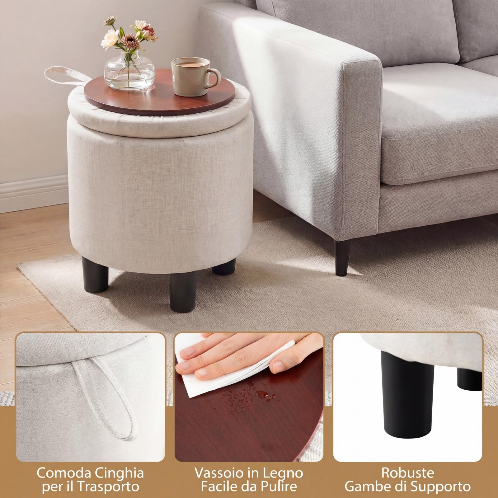 COSTWAY Pouf Contenitore Rotondo, Sgabello Poggiapiedi in Tessuto, con Coperchio Rimovibile, Poggiapiedi per Soggiorno e Camera da Letto, 38 x 38 x 42 cm