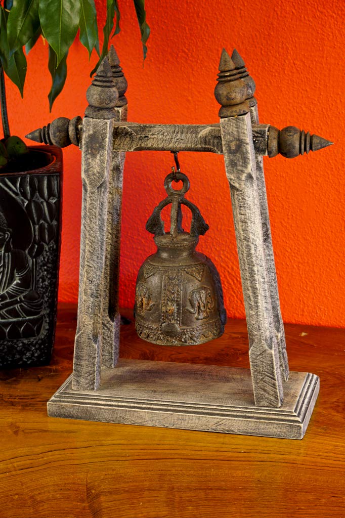 Cloche temple avec trépied - Cloche en bronze - Bois massif - Décoration thaïlandaise - Trépied de 30 cm