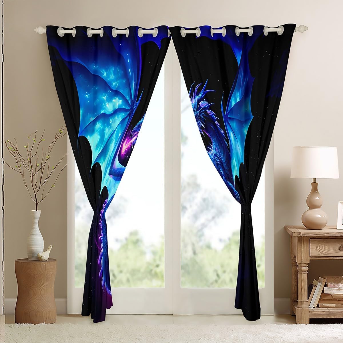 Feelyou Blue Dragon Darkening Drapes Bedroom Flying Dragon Blackout Curtains Kids Magical Window Curtains Purple Window Treatments (2 Panels, 38 x 45 Inch)