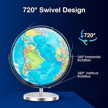 Goplus 13 Large World Globe with Stand, 720 Rotating Illuminated Globe with LED Lights, Metal Base, Desktop Geographic Globe for Home Office