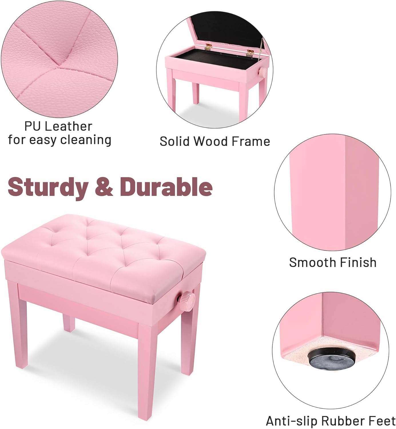 AW Adjustable Piano Bench with Storage Pink Wooden Keyboard Stool Seat Leather Cushion Paino Chair for Piano Shop Music School Studio Capacity 400lbs