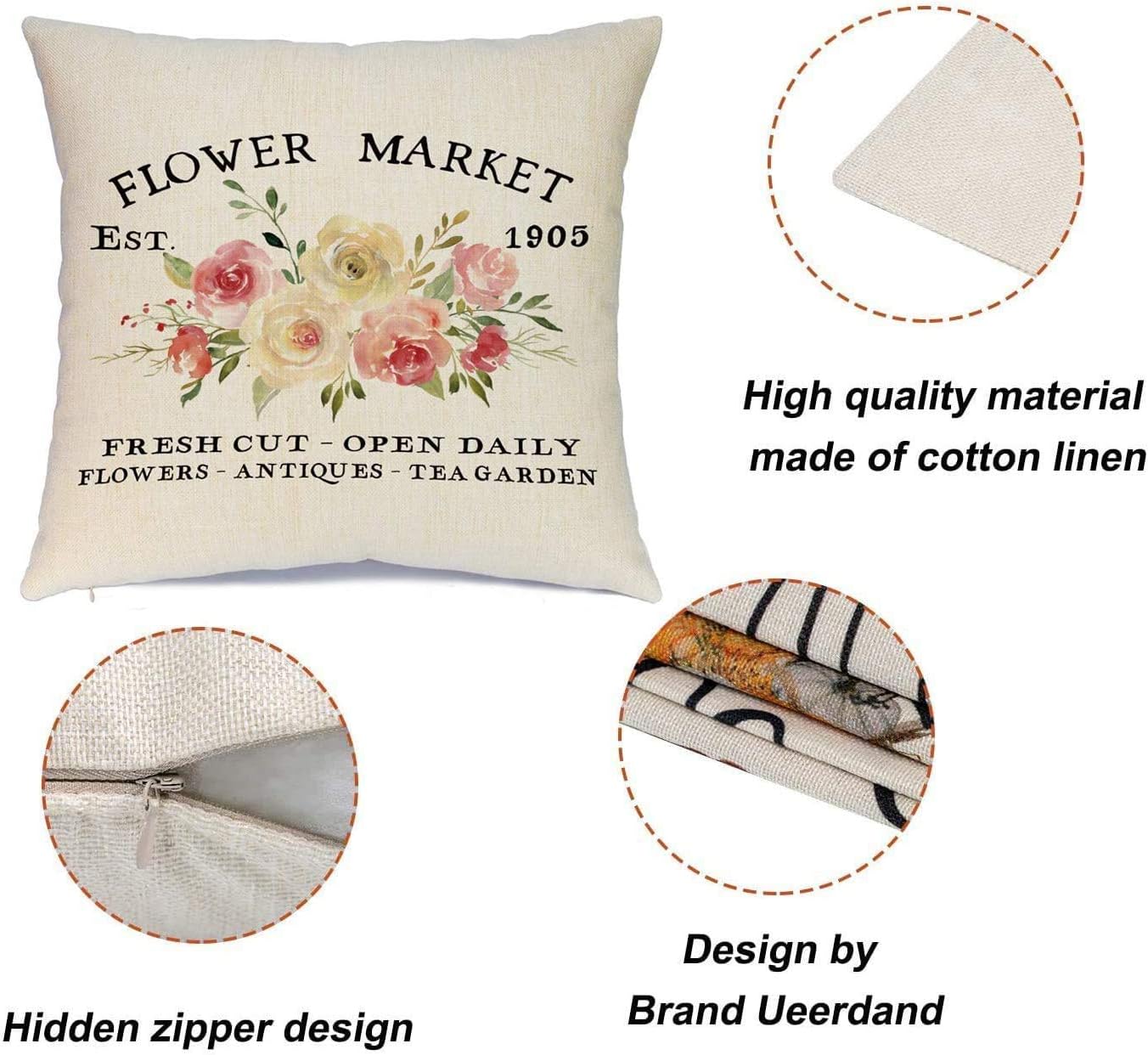 Ueerdand Spring Pillow Covers 16x16 Set of 4 Spring Decorations Set of 4 Bloom Flower Market Pillow Cases Hello Spring Bicycle Cotton Linen Throw Cushion Covers