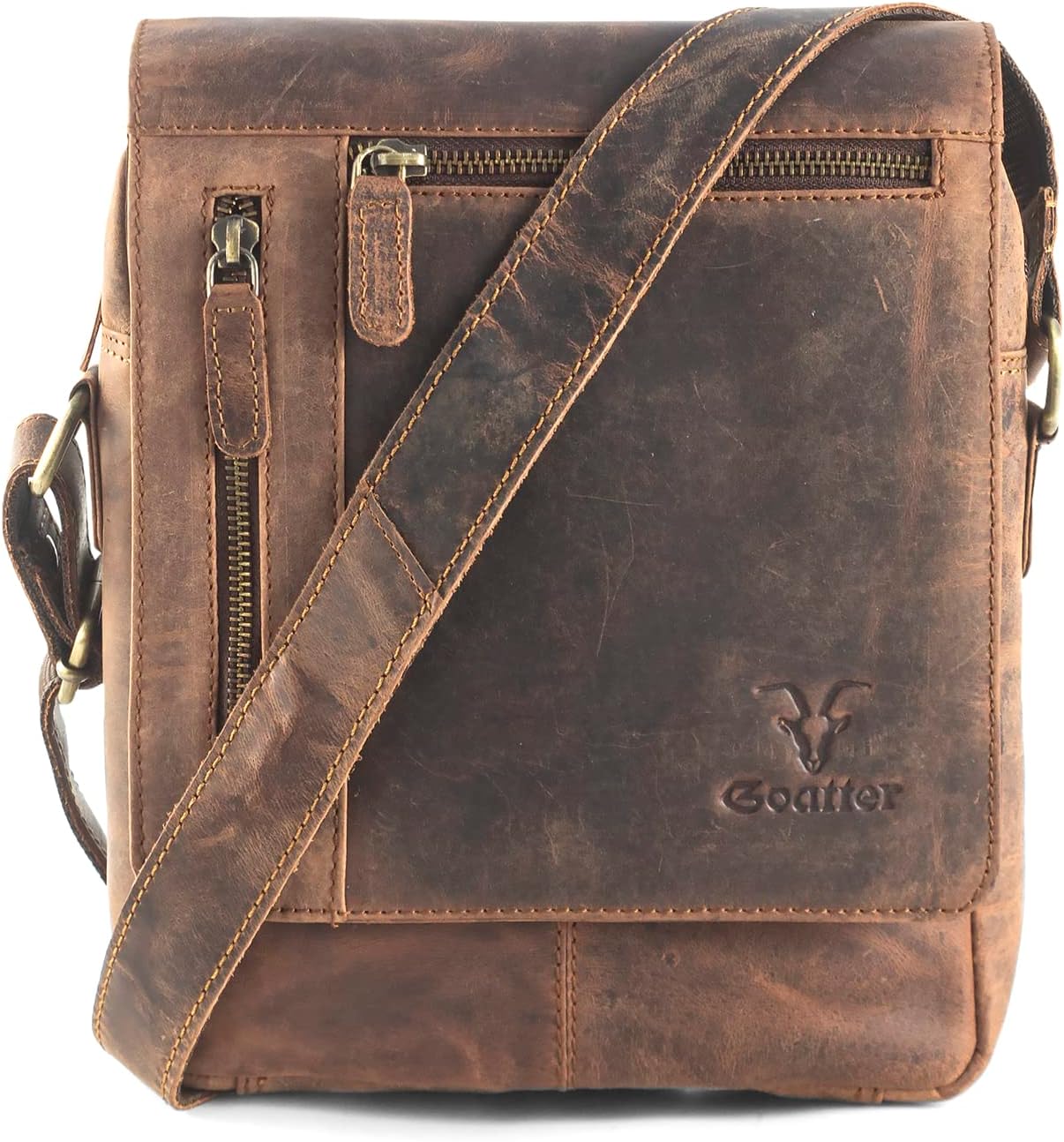 - Men's Hunter Leather Multi Pocket 10" Inch Messenger Sling Bag