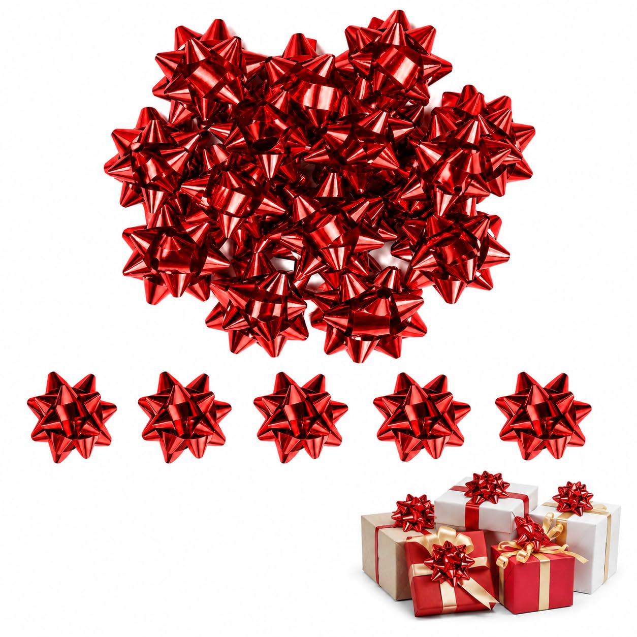 ASREJUR 50PCS Christmas Red Gift Bows, Adhesive Bows Wrapping(Boxed)