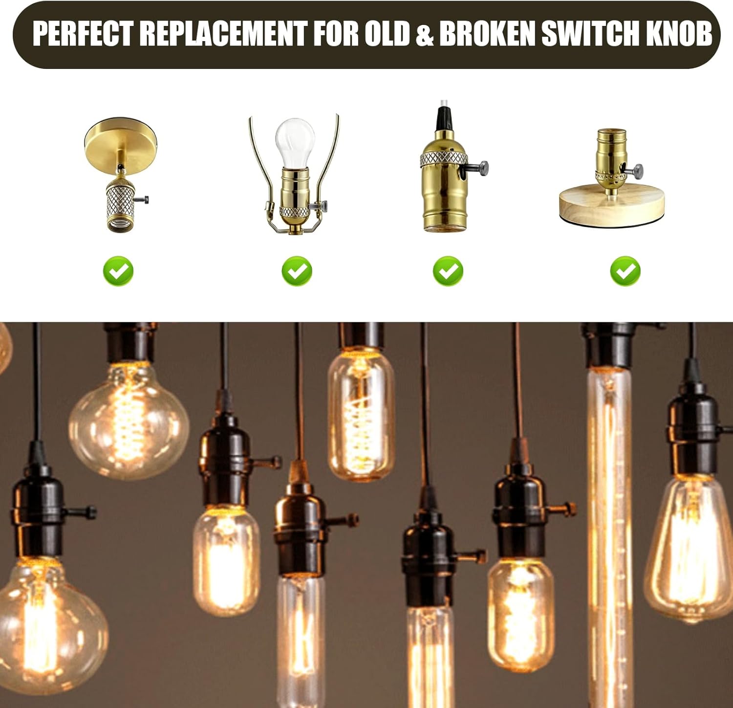 Lamp Switch Knob - 4Pcs Lamp Turn Knobs Replacement, Standard Turn On/Off Light Switch Knobs, Classical Antique Lamps Repair Parts Decorative for Table & Floor Lamps Fan Socket (Black)
