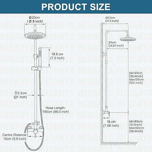 Miniatura 6 de Juego de accesorios de ducha para exteriores color negro mate acero inoxidable SUS 304 cabezal de ducha de lluvia de 8 pulgadas con cilindro
