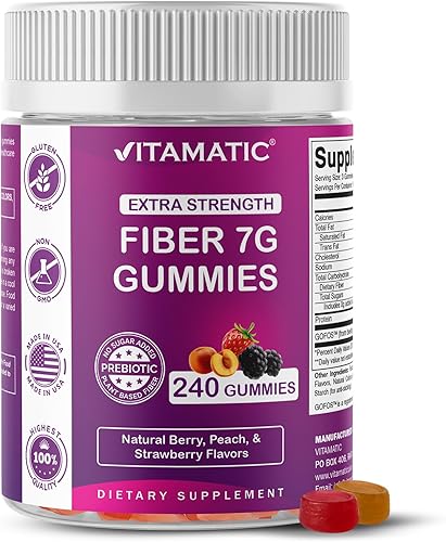 Vitamatic Gomitas de fibra prebiótica para adultos, 7G de fuerza extra, sin azúcar añadida, 240 gomitas a base de pectina, apoyo para la salud