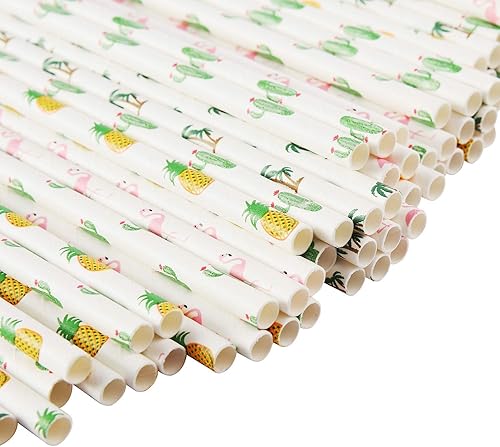 Vista 4 de ALINK Pajitas de papel hawaianas tropicales para fiestas, flamenco/piña/cactus/cocotero, pajitas biodegradables para decoración de playa, cóctel