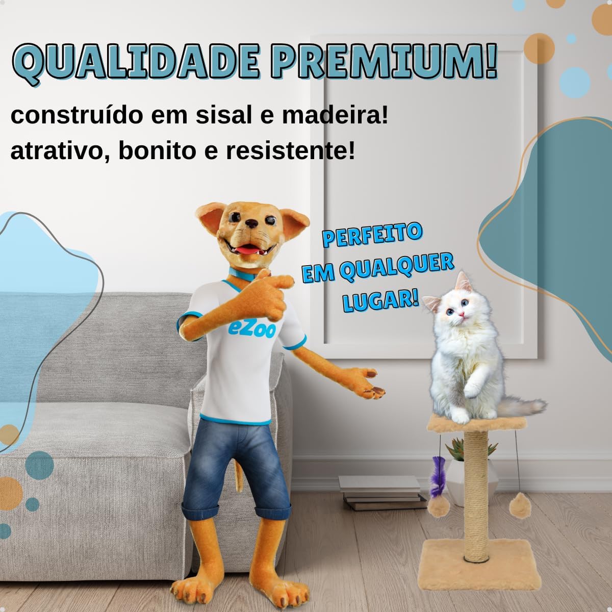 Arranhador Para Gatos Pet Poste Duplo Bege Sisal Brinquedo Com Bolinha Pena Duas Bases Carpete Anti Stress Anfia Unhas