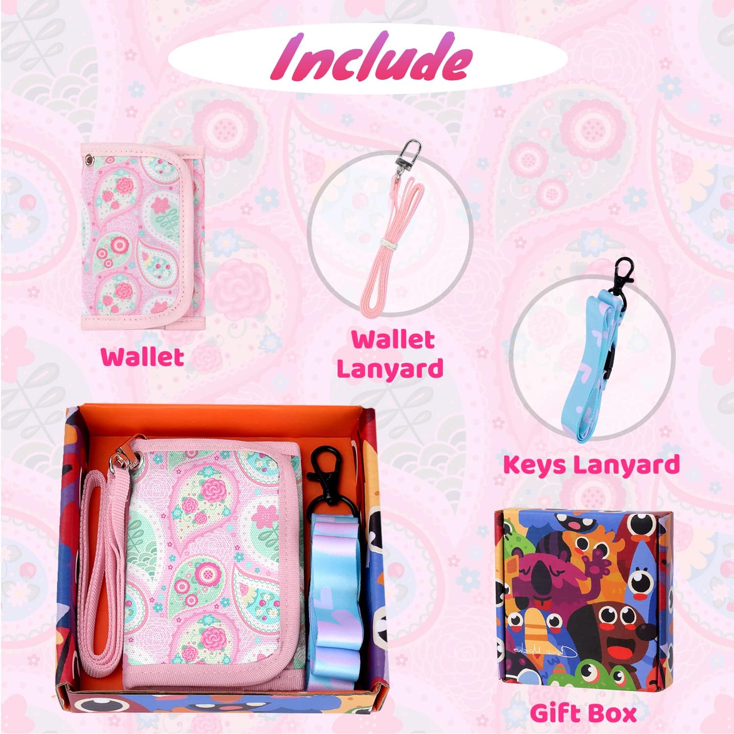 Choco Mocha Paisley Kids Wallets for Girls Ages 5-7 6-8 9-12, Little Girls Velcro Wallets with Lanyard Gift Box, Christmas Gift for Kids Girls, Pink : Clothing, Shoes & Jewelry