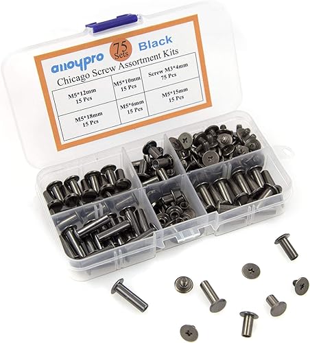 Miniatura 4 de Alloypro 75 juegos de tornillos Chicago surtidos, 5 tamaños, remaches de cuero de metal negro, cabeza Phillip ranurada, postes de encuadernación de