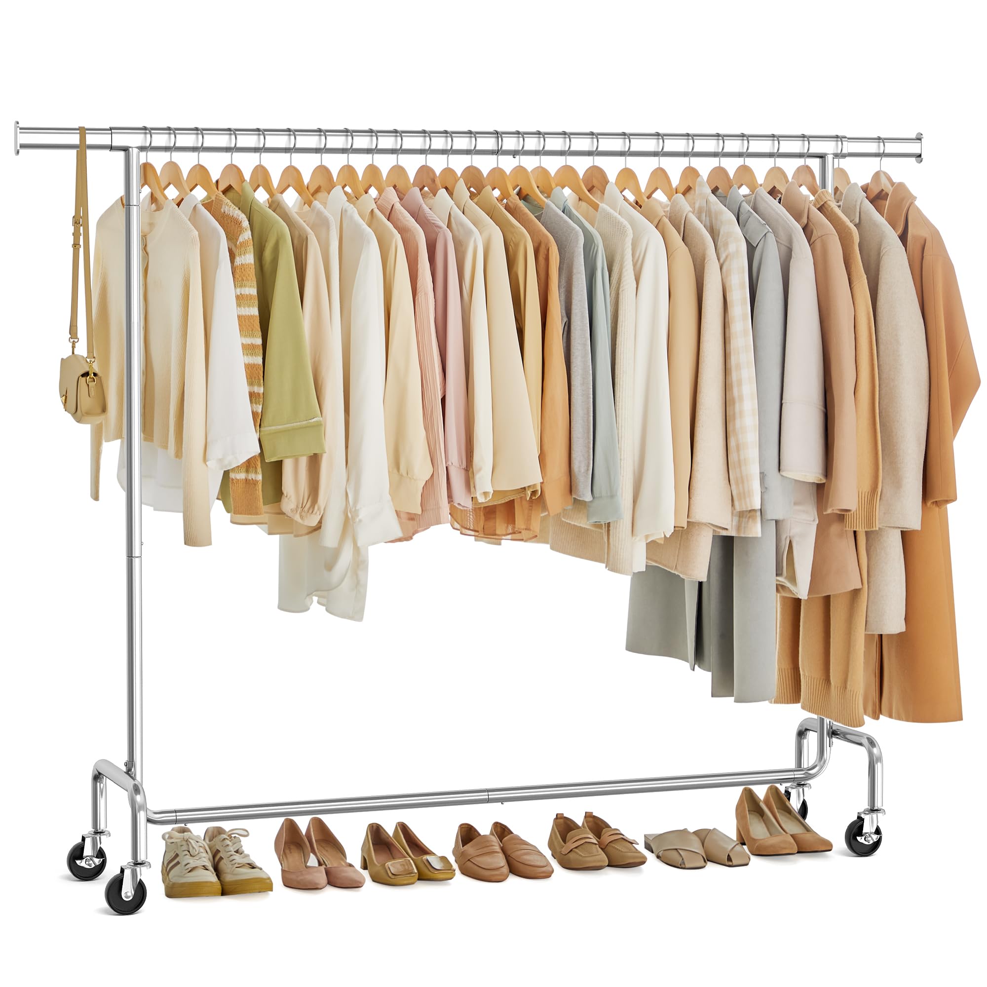 SONGMICS Clothes Rack with Wheels, Heavy-Duty Garment Rack with Extendable Hanging Rod, 243 lb Load Capacity, 17.7 x (63-78.7) x 64.1 Inches, Chrome-Plated, Silver UHSR176E01