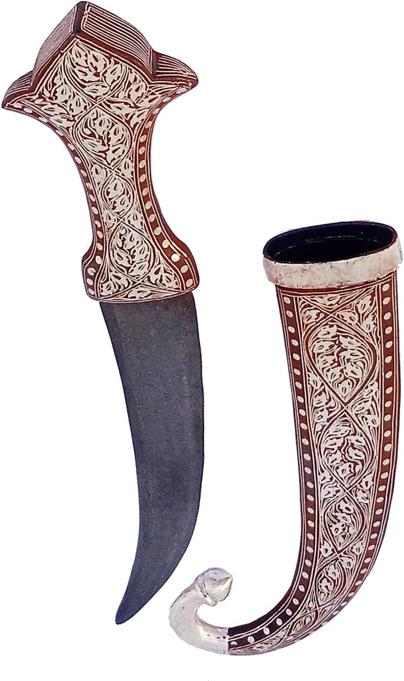 Purpledip Decorative Jambiya Mini-sword For Ceremonial Or Ornamental Use: Antique Design Crown Hilt, Damascus Iron Blade, & Silver Wire Koftgari Sheath, 12 Inches (A20017)