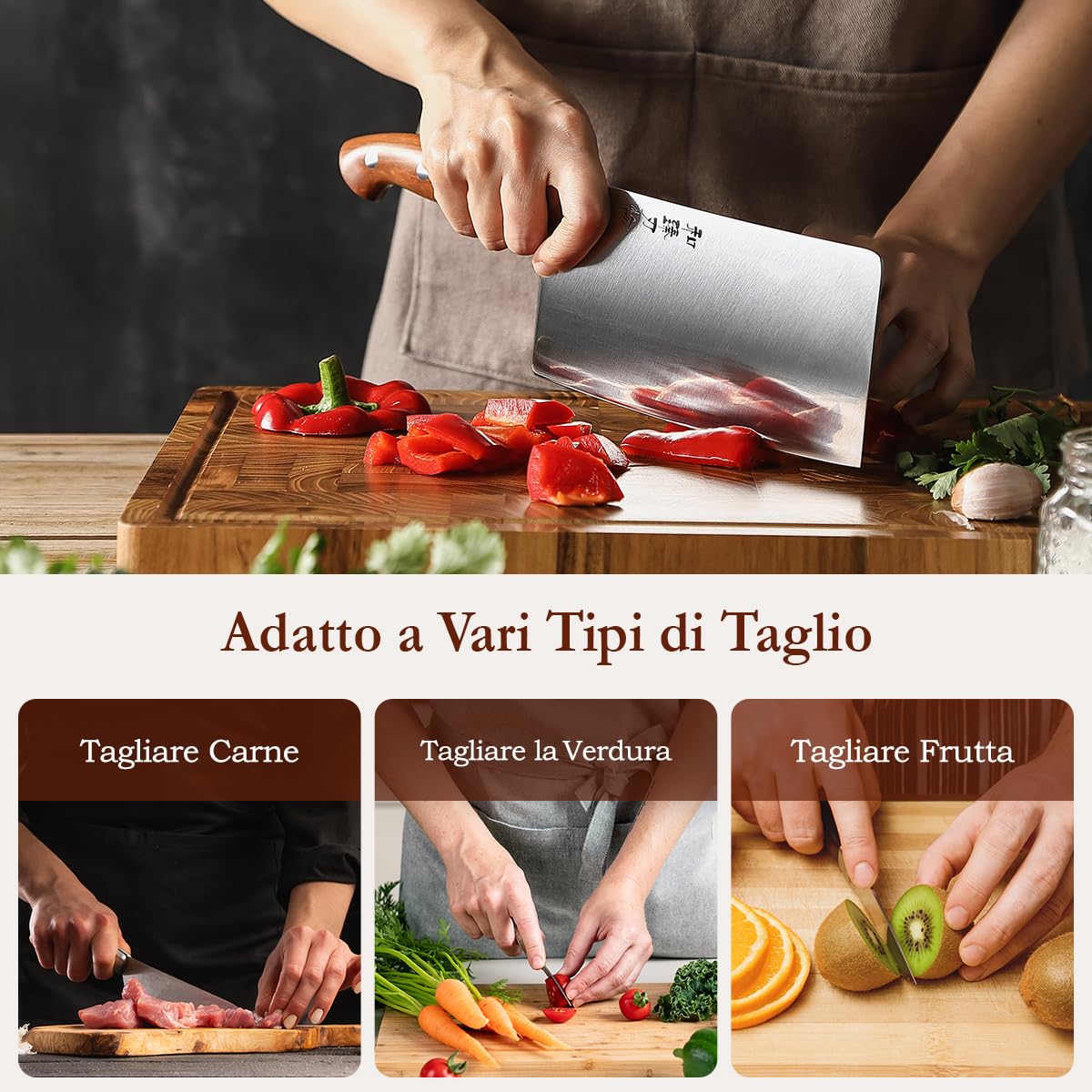 HEZHEN 18cm Mannaia per Carne, Coltello da Chef Cinese, Coltello da Cucina Multifunzionale, Manico in Redwood