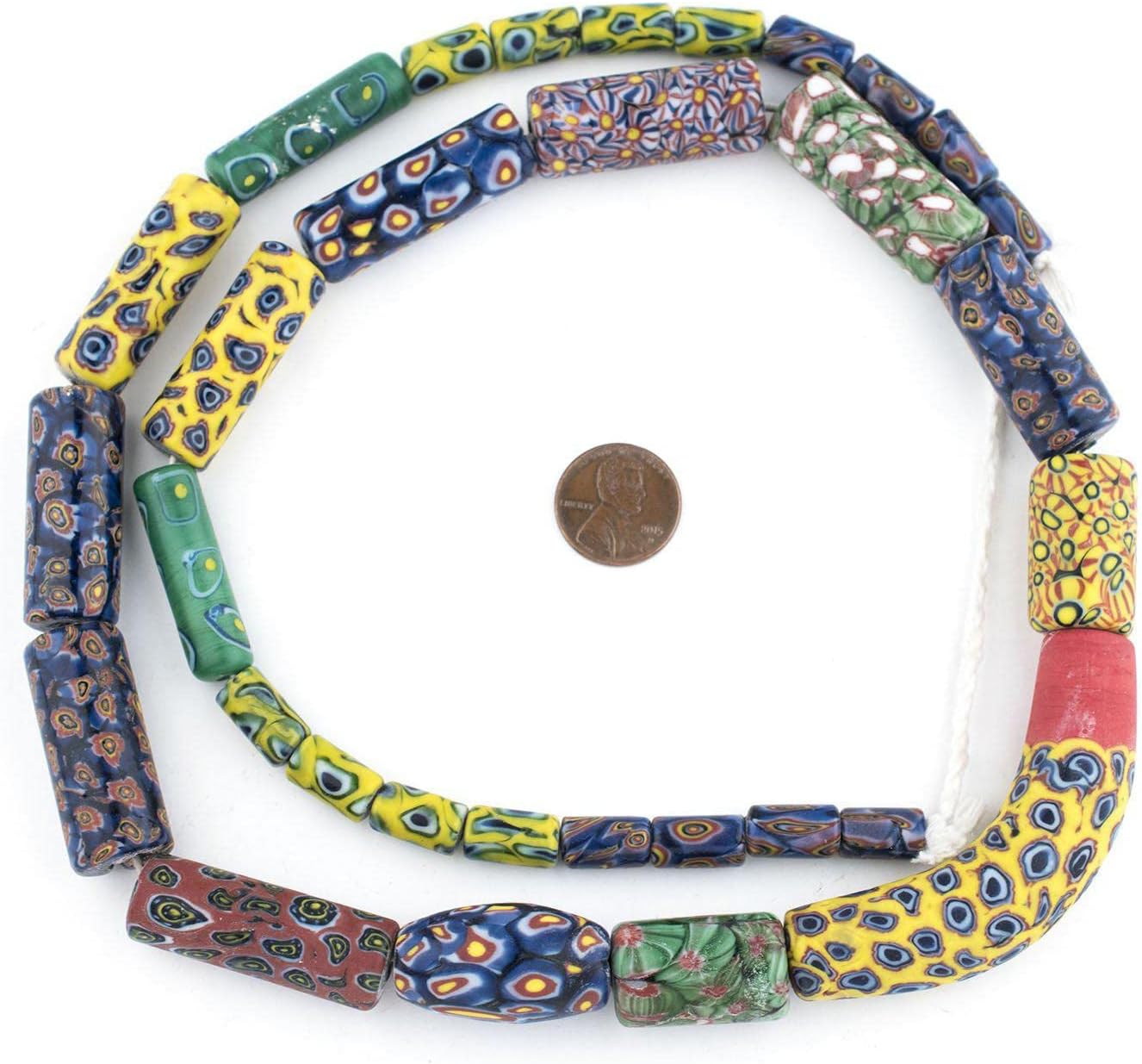 The Bead Chest Venetian-Inspired Millefiori Trade Beads 12mm Indonesia Multicolor Cylinder Glass Large Hole 30 Inch Strand