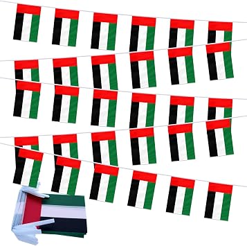 PTEROSAUR United Arab Emirates Flag Bunting, 30 UAE Flags on 33 Feet String | 5.5x8.2 Inch Banner for Sports Events, Theme Parties, Bar, School & Home Decor