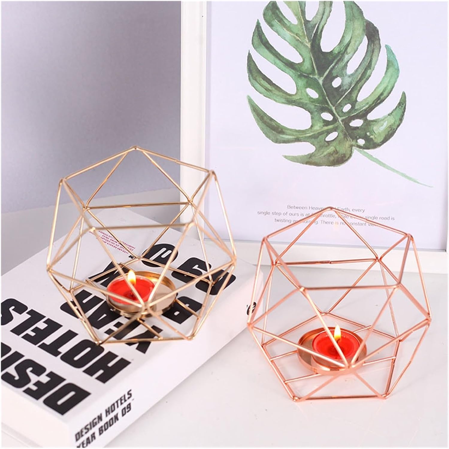 Golden pentagonal Christmas Wrought Iron Candlestick, Modern Minimalist Home Decor, Geometric(Rosegold2-piecegeometric)