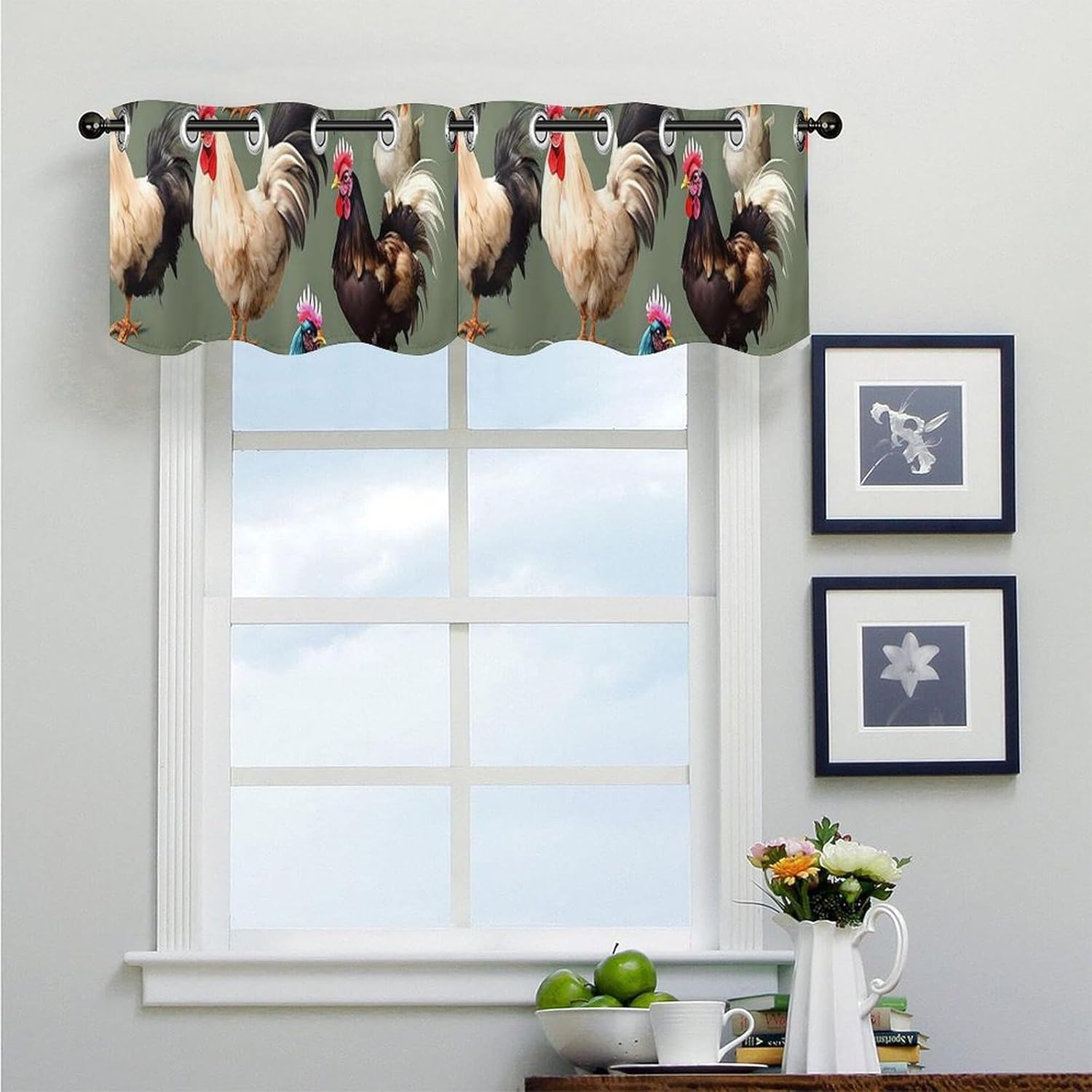 Chicken and Rooster Print Valance for Windows, 2 Pack Kitchen Curtains Modern Home Decor, Soft Blackout Window Curtains for Living Room & Bedroom, 18 X 52 Inch
