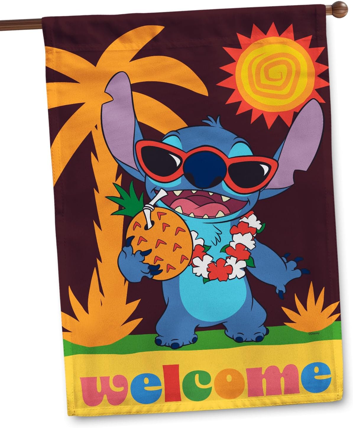 Flagology, Disney Summer Stitch Welcome House Flag 28" x 40", Outdoor Flag, Exclusive Premium Fabric, Officially Licensed Disney, Outdoor Décor
