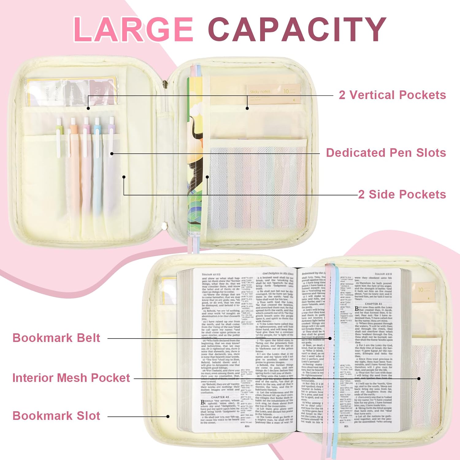 Personalized Initial Bible Cover Case for Women Girls Kid - Large Quilted Bible Case with Handle, Stylish Chenille Letter Bag Study Supplies, Perfect Christmas Gifts for Christians Women (Pink Bow-E)