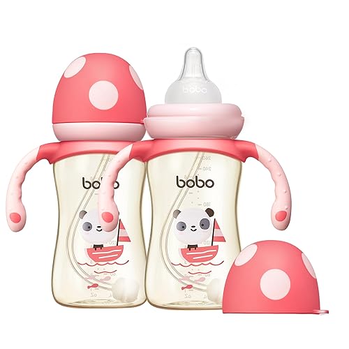 YOHKOH Biberón natural de PPSU con pezón de respuesta natural, biberones anticólicos para recién nacidos con asa, biberón de cuello ancho con tapa