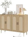48" Rattan Sideboard Buffet Cabinet with Storage, Coffee Bar Console Table with Power Outlet, 4 Doors Accent Cabinet & Adjustable Shelves, Natural Dresser for Kitchen, Dining Room, Hallway, Natural