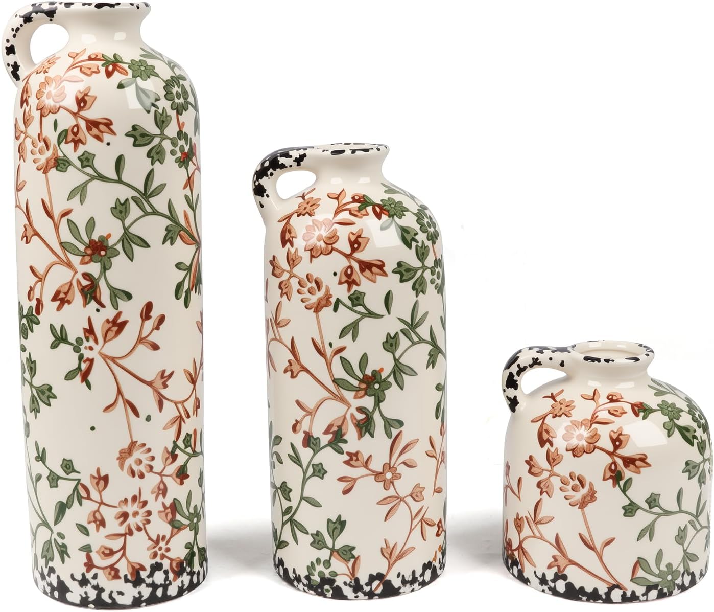 BestYiJo Ceramic Vase Set of 3, Vintage Green & Beige Hand-Painted Chinese Floral Vases - Rustic Farmhouse Decor for Living Room, Kitchen, Bookshelf | Grand Millennial Home Gift