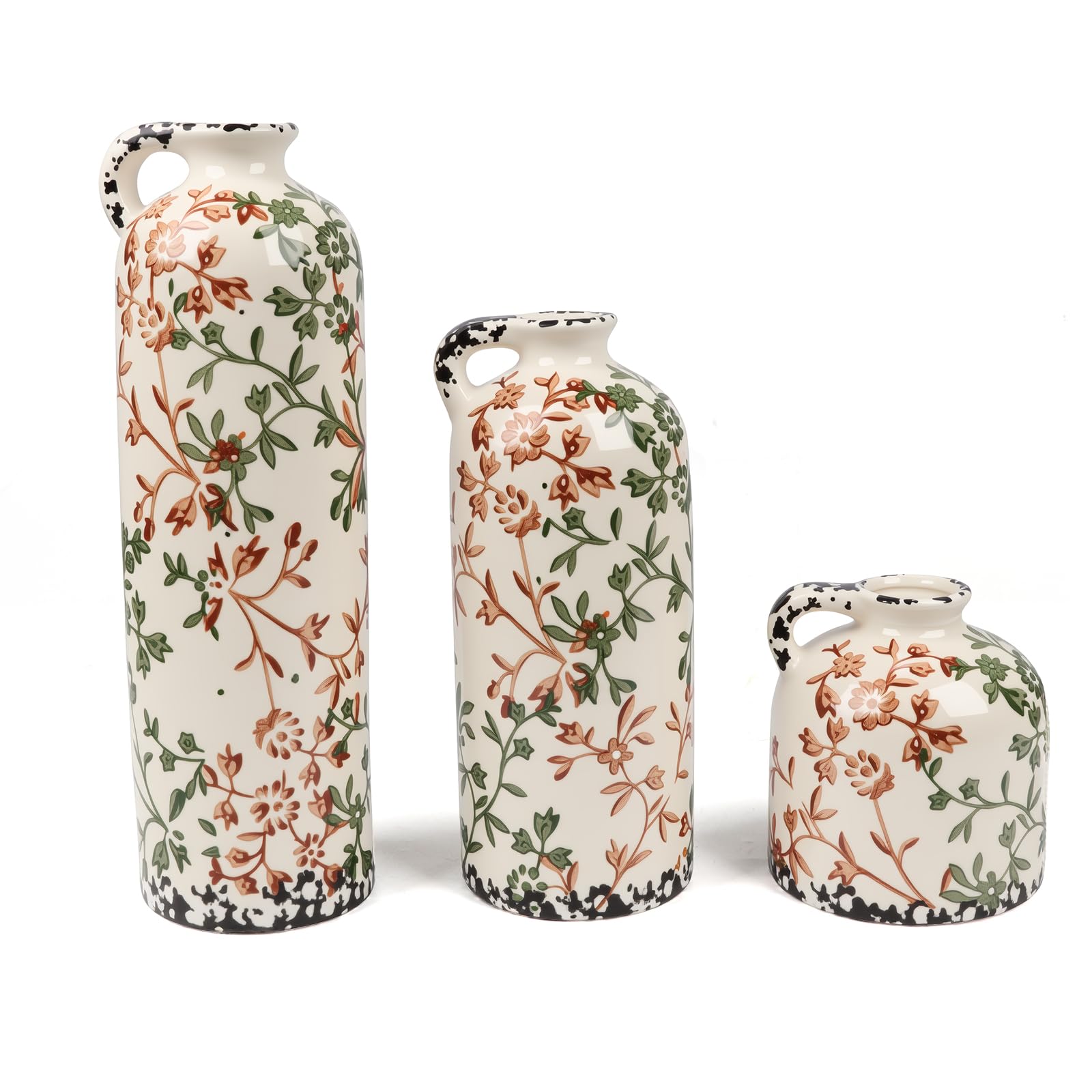 Keramik Vasen Set 3er Vintage Landhausstil, Blumenvase Groß & Klein mit Blumenmuster, Wasserdicht Dekorative Vase für Pampasgras & Trockenblumen, Rustikale Tischdeko Wohnzimmer Deko (Beige Floral)