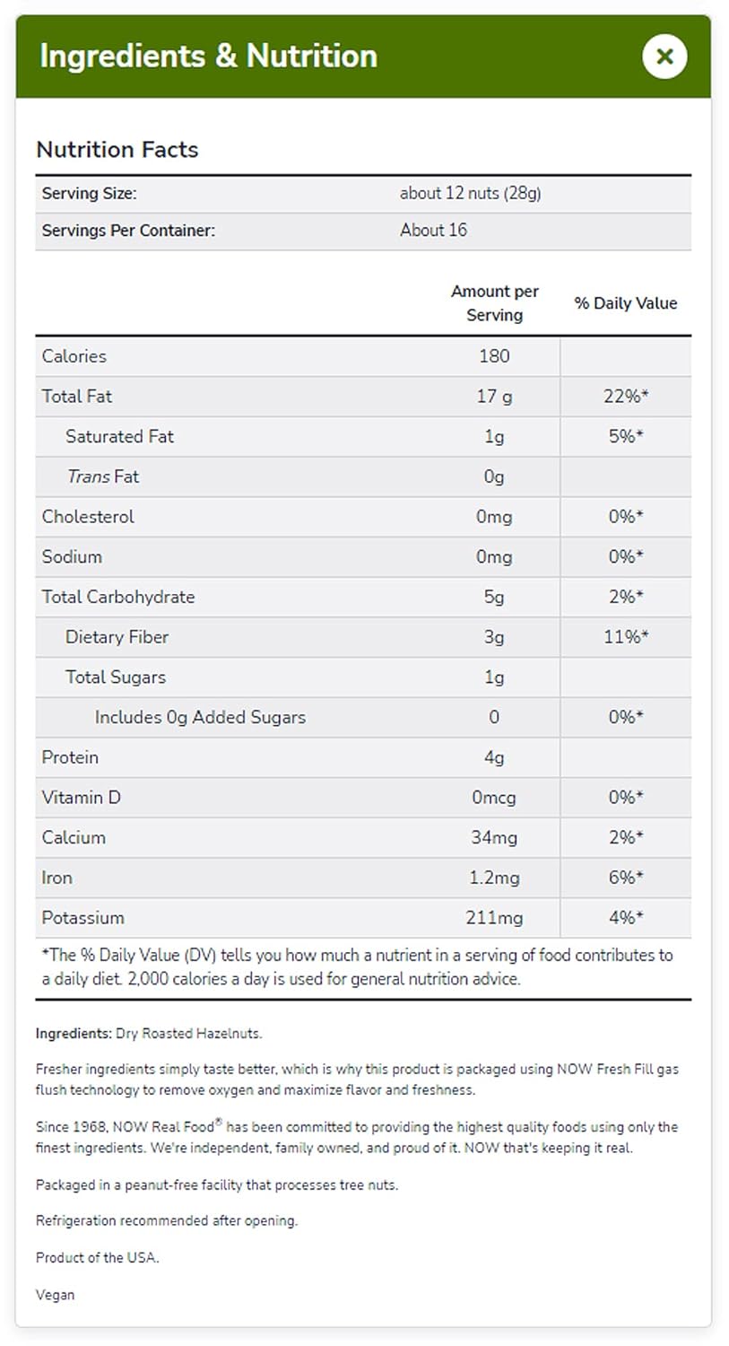 NOW Foods, Real Food, Dry Roasted & Unsalted Hazlenuts, Non-GMO, Vegan, Grown in the USA, 16 oz (454 g) (Pack of 2)