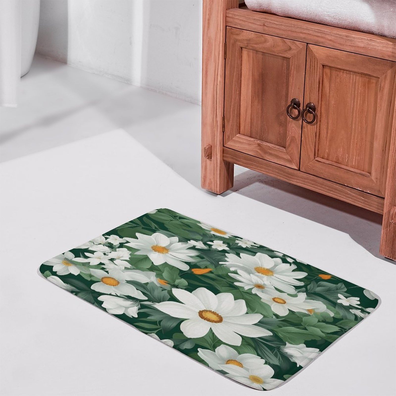 Tapete de bienvenida para interiores y exteriores, antideslizante, hojas verdes y flores blancas, tapete para entrada, porche, lavandería, baño, dormitorio, alfombra de 40 cm x 60 cm