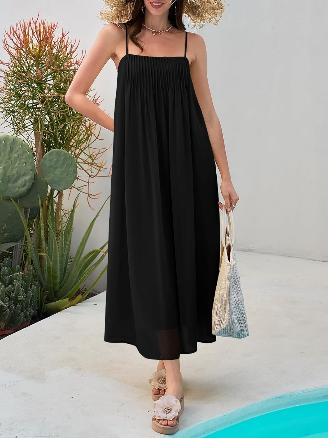 Wenrine Womens Spaghetti Strap Maxi Dresses Summer Casual Sleeveless Loose Pleated Flowy Beach Long Dress with Pockets - Image 3