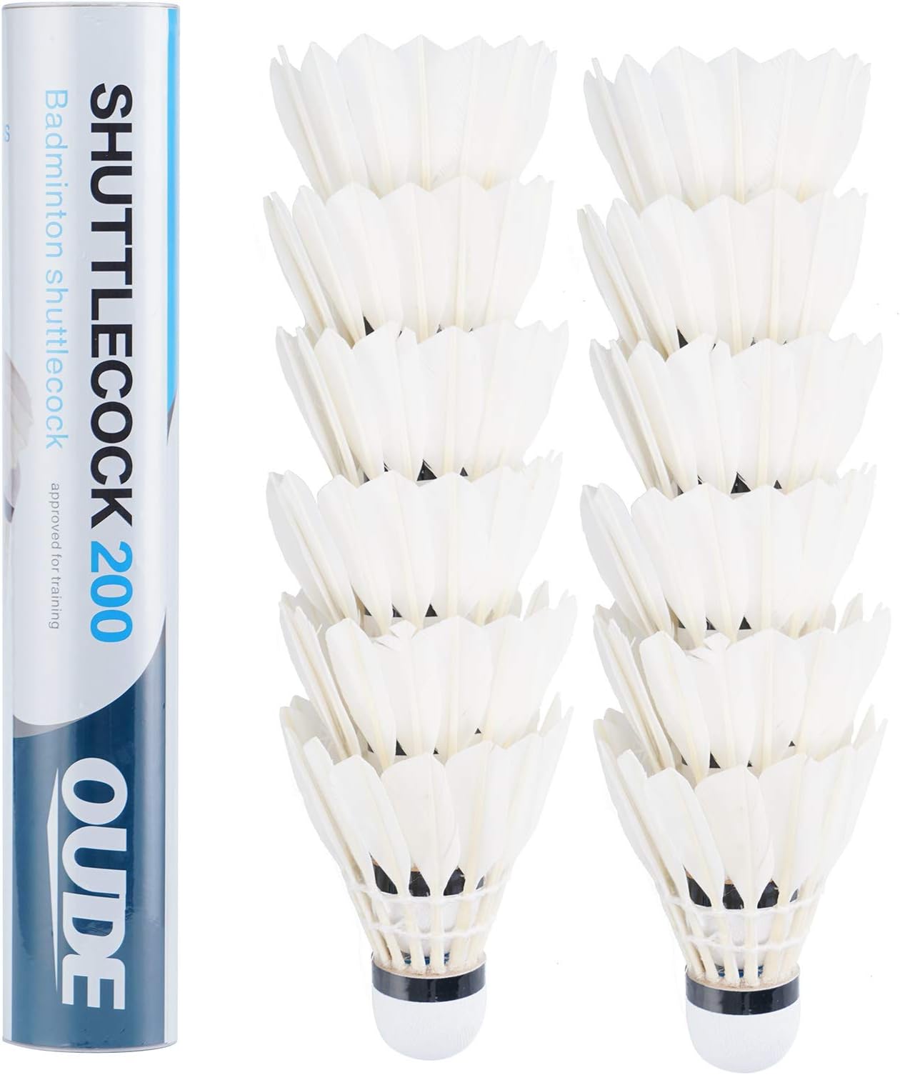 OUDE 12-Pack White Goose Feather Badminton Shuttlecocks with High Stability and Durability,High Speed Badminton Birdies Balls Model 200
