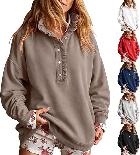 Generic Womens Henley Tops Long Sleeve Coffee S Oversized Henley Trendy | Mock Neck Sweatshirt for Women, Ruffle Henley Button Placket Design, Oversized Cozy Fleece lined, Fall Winter Fashion Outfits