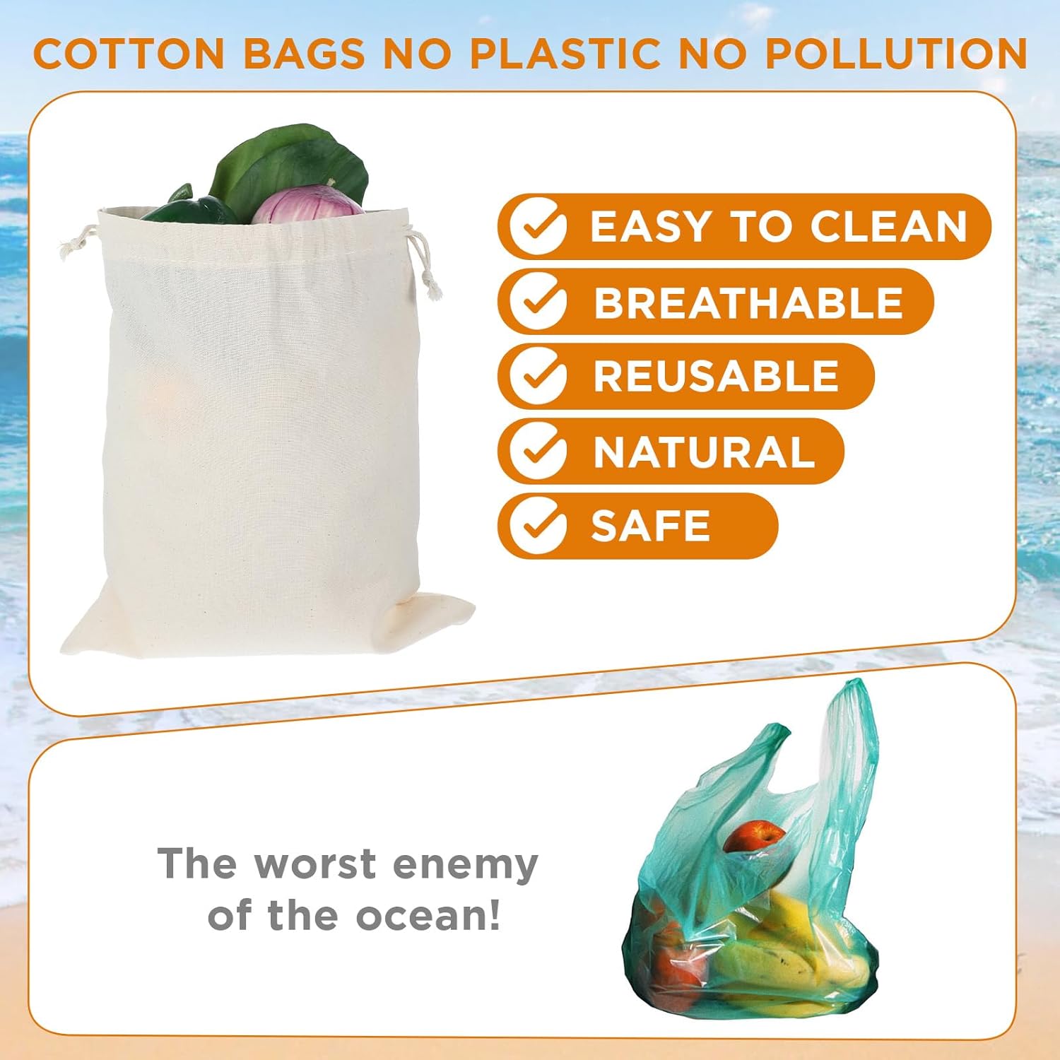 MAQUITA 12-Pack 10” x 12” Reusable Produce Bags, Muslin Bags with Drawstrings for Shopping & Storage, 100% Natural Cotton, Washable, Food Safe - Image 3