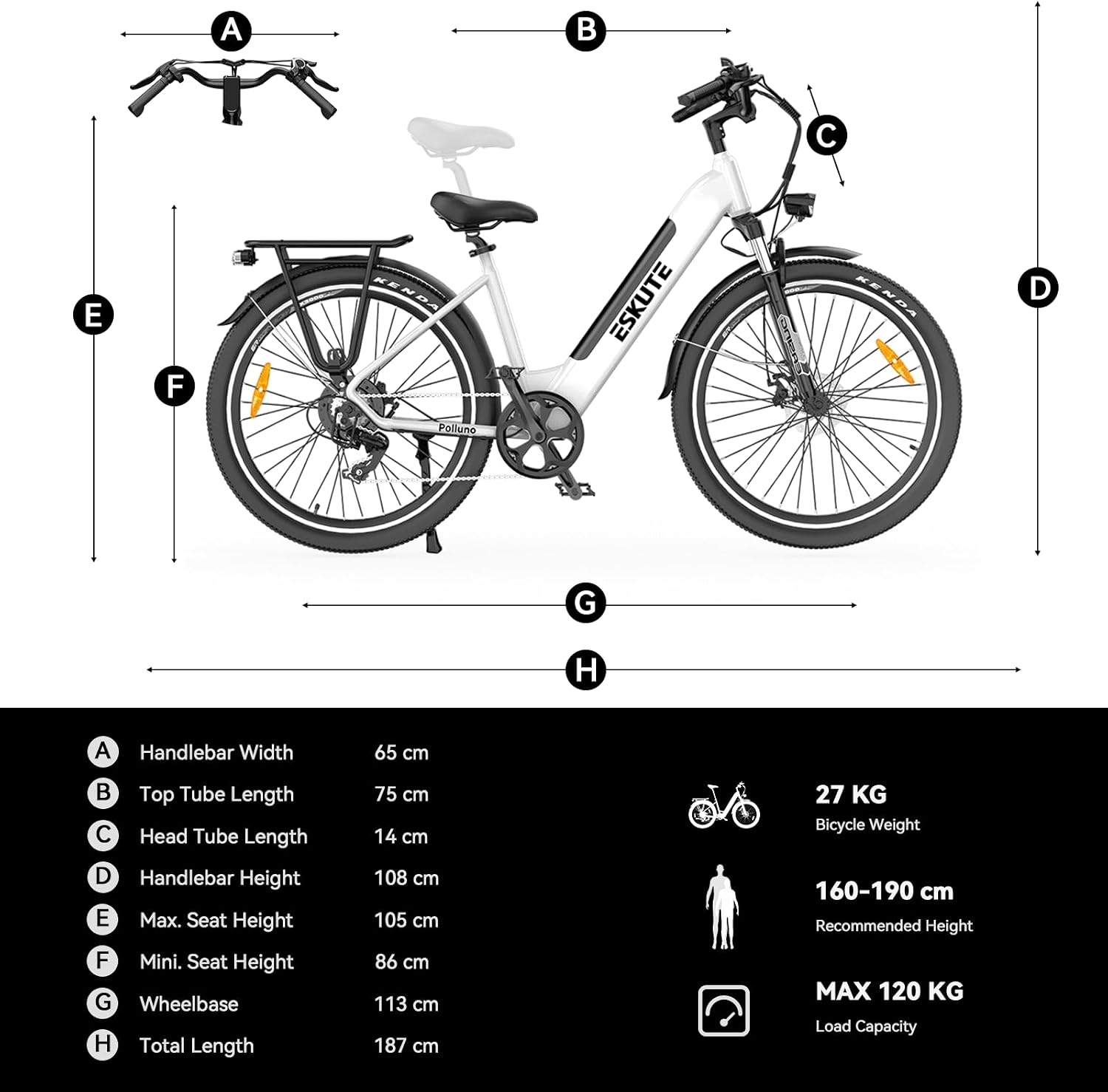 ESKUTE Polluno Plus 28-inch Electric Bicycle Dimensions Diagram