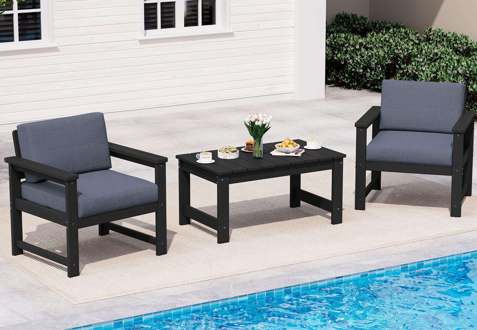 SERWALL 3 Pieces HDPE Outdoor Sofa Bistro Set with Cushions, Outdoor Furniture Sofa Sets with Coffee Table and Cushions, All Weather Conversation