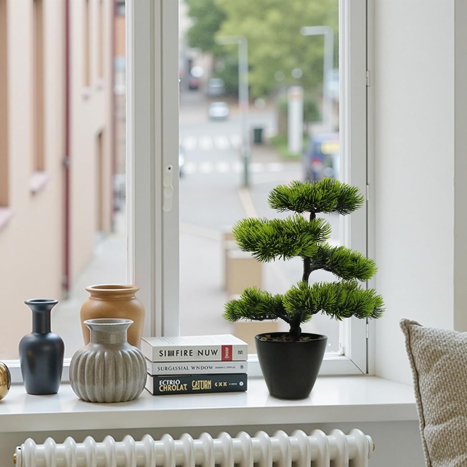Artificial Bonsai Tree Juniper Indoor - Small Fake Bonsai Pine with Ceramic Pot 13" Tall for Home Decoration Bedroom Living Room Table Study Cafe Positive Office Decor Lifelike Greenery Tree