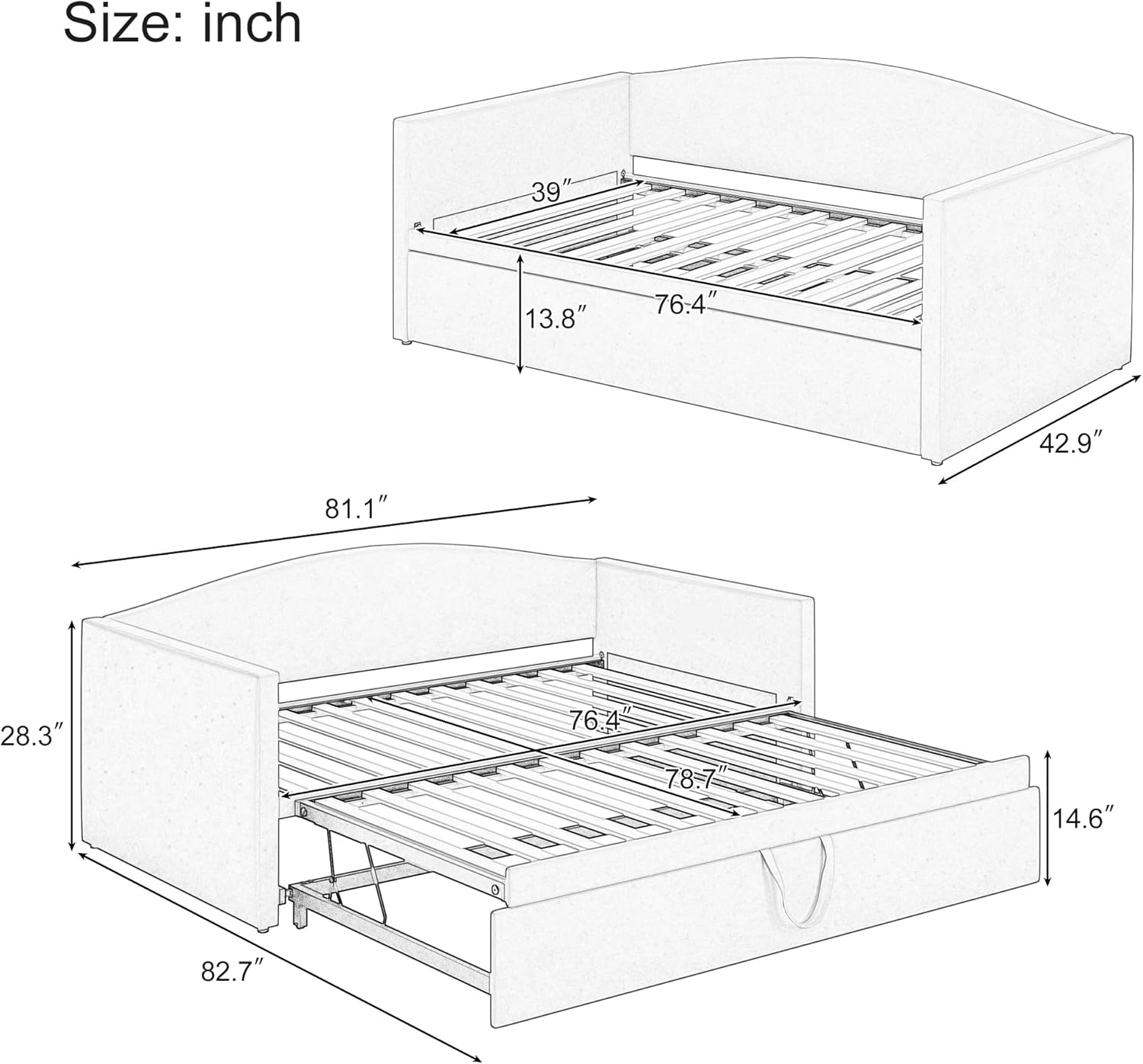 Detailed dimensions diagram of the daybed in both twin and extended configurations