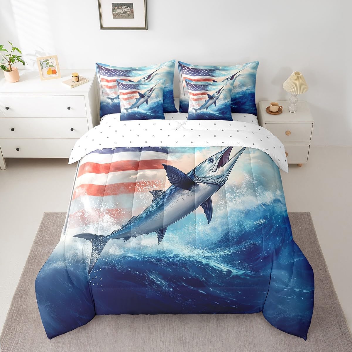 American Flag Bass Fishing Bedding Set Hunting And Fishing Comforter Set Twin, Blue Ocean Underwater Animal Bedding(1 Comforter,1 Flat Sheet 1 Fitted Sheet 2 Pillowcases 2 Throw Pillow Covers)