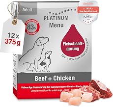 PLATINUM - Menu Adult Beef+Chicken Dog Food from Meat Juice Cooking - 12 x 375 g Dog Food Nutrient Rich Like Barf - Especially Juicy for Small and Large Dogs - BPA-Free, Tested in Germany