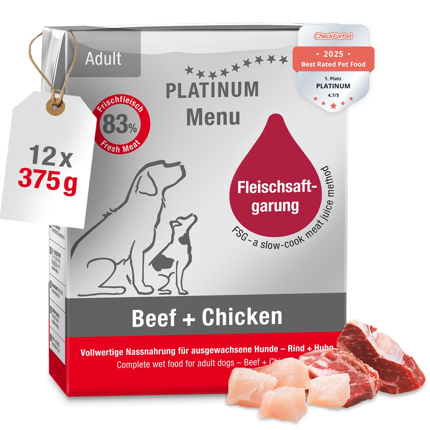 PLATINUM - Hundenahrung Menu Adult Beef+Chicken aus Fleischsaftgarung - 12 x 375 g Hundenassfutter nährstoffreich wie Barf - besonders saftig für kleine und große Hunde - BPA-frei, in DE geprüft