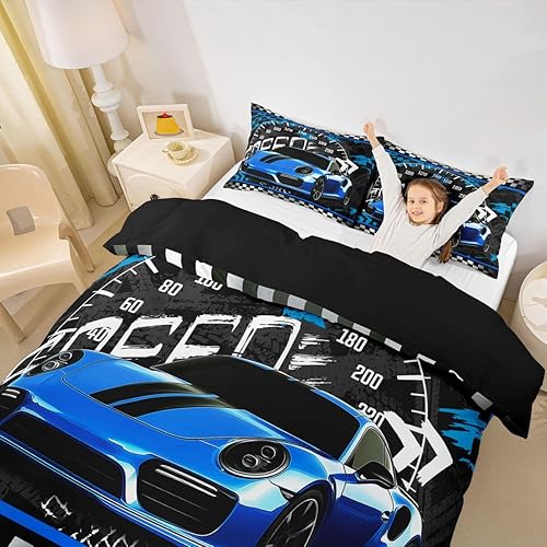 Vista 158 de Juego de ropa de cama de coche de carreras, avión, negro, gris, blanco, funda de edredón de coche deportivo de velocidad para niños, adolescentes