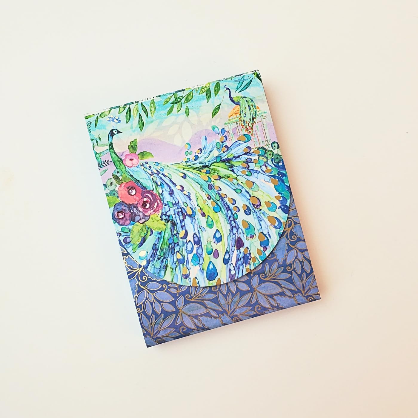 Punch Studio Flip-Top Pocket Notepad 3" x 4", For Daily Notes or Notes on-the-go, 75 Illustrated Sheets with Gold Foil Accents, Gems & a Magnetic Closure - Pagoda Peacock (45908)