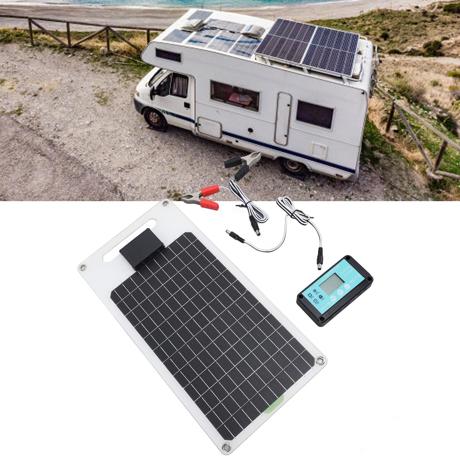 Aramox Ensemble de Contrôleurs de Panneaux Solaires en Silicium Monocristallin, Contrôleur de Charge Solaire 50 W 12 V 24 V avec Régulateur 100 A Double USB Type C DC pour Camping-car, Bateau,