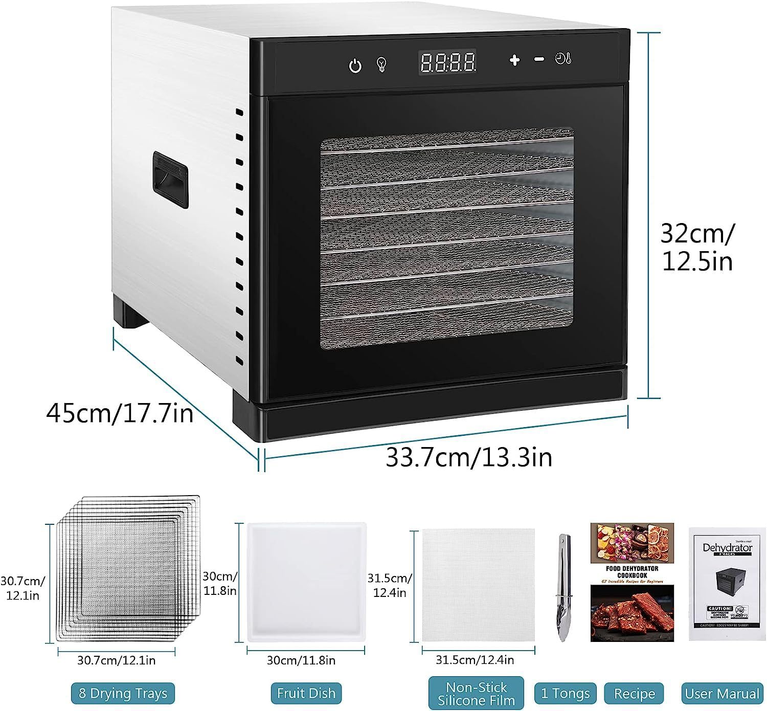 Komercyjna suszarka do żywności 8 tacek 1000 W, regulowany regulator czasowy i regulacja temperatury, suszarka ze stali nierdzewnej do suszonego mięsa, ziół, wołowiny
