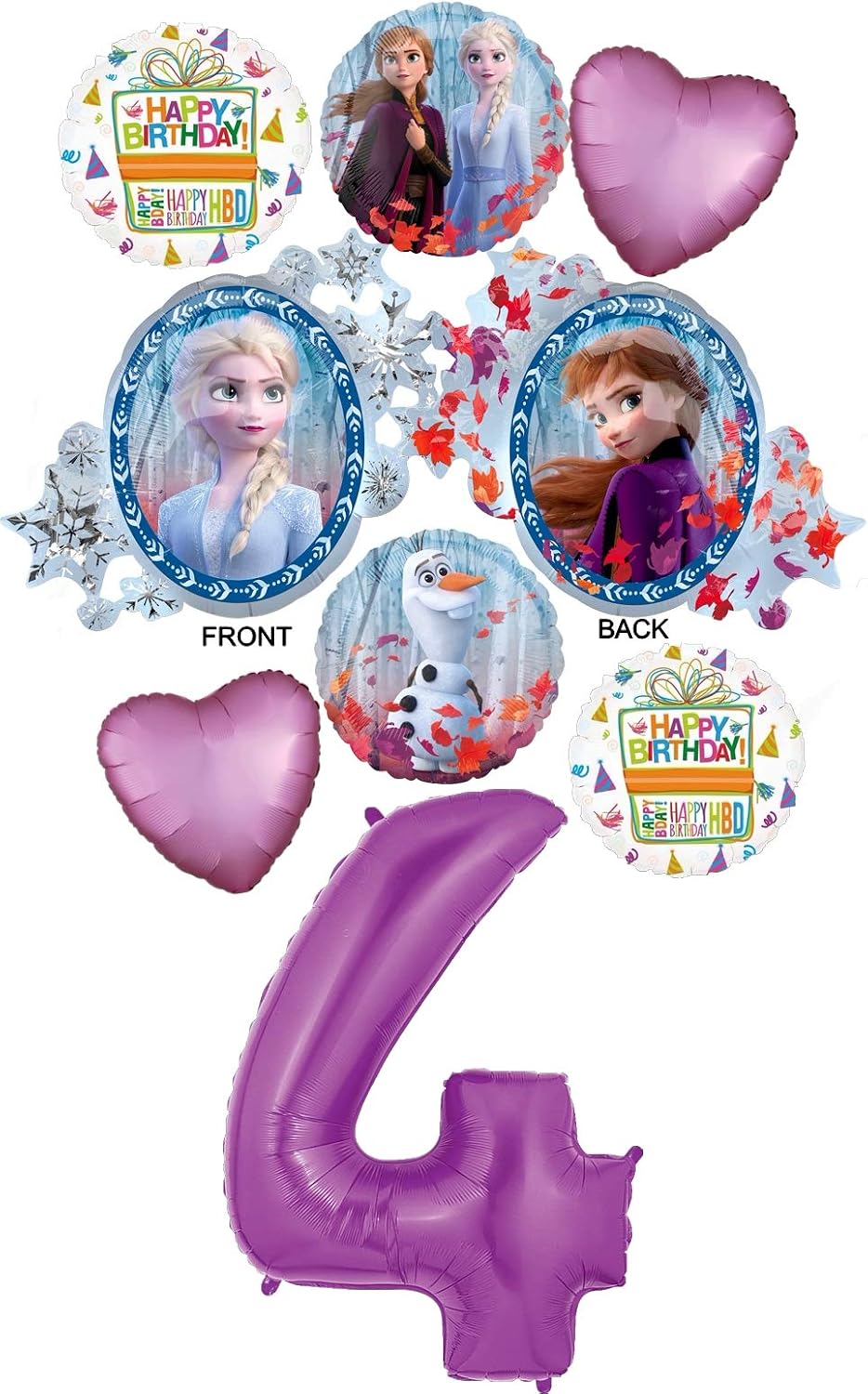 Frozen 2 Party Supplies 4th Birthday Elsa, Anna and Olaf Balloon Bouquet Decorations - Purple Number 4