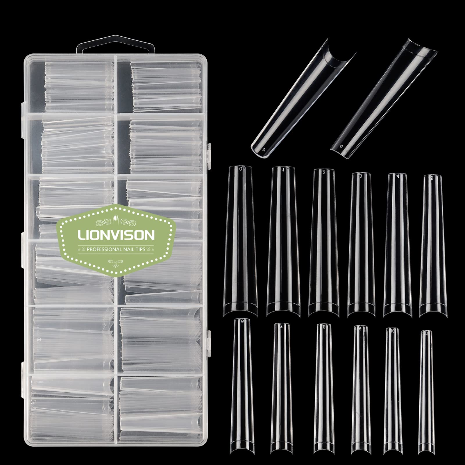 LIONVISON3XL Clear NO C Curve Coffin Nail Tips for Acrylic Nails Professional, 240PCS Extra Long Tapered Square Nail Tips, 12 Sizes Straight Press On Gel Nail Tips for Nail Salons Home DIY