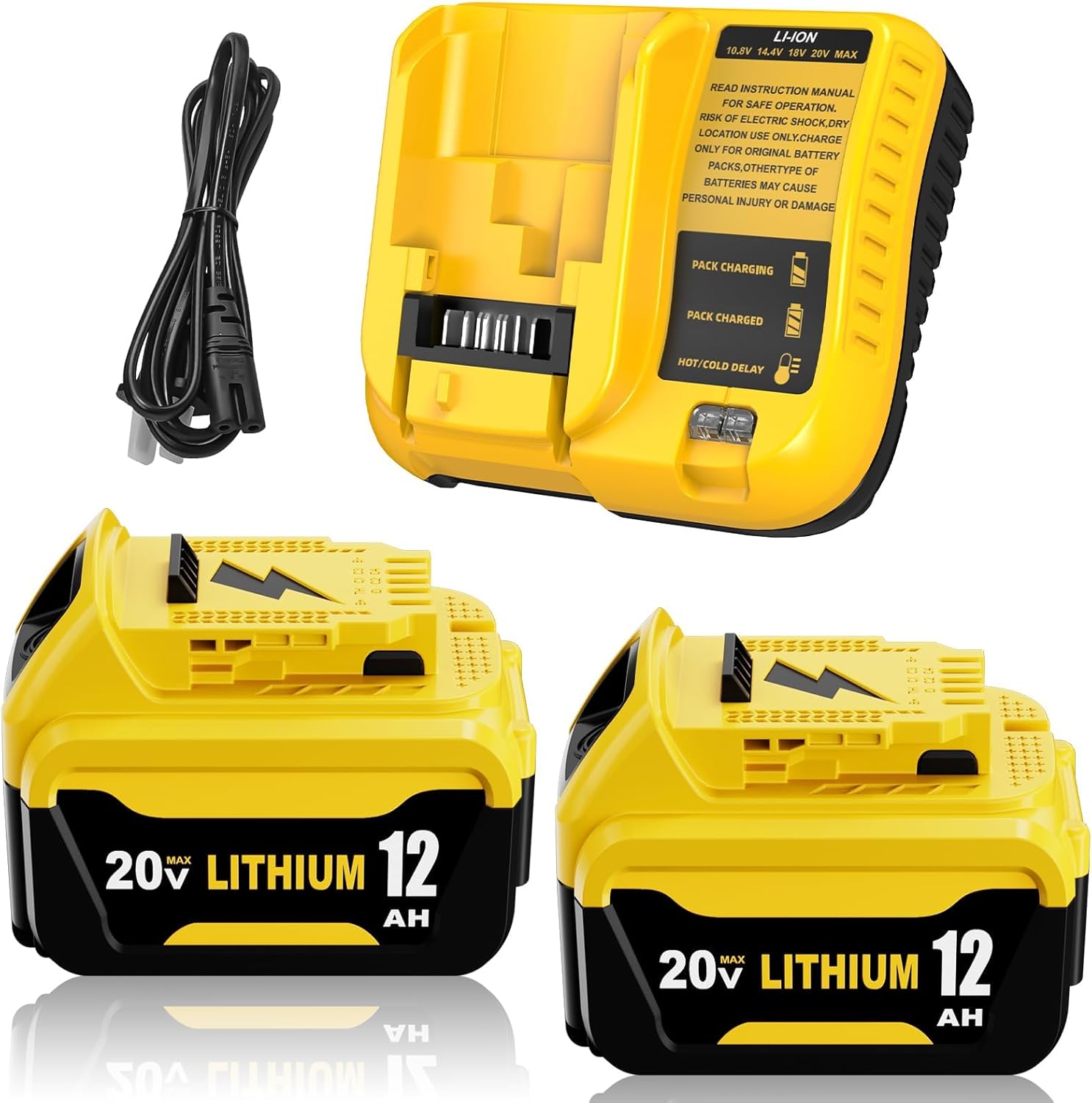 2 Pack 12000mAh High Capacity DCB206 Replacement for Dewalt 20V MAX Battery 12.0Ah and DCB107 Charger Combo Compatible with Dewalt 20V Battery Lithium DCB207 DCB204 DCB200 Power Tool (3Pack)