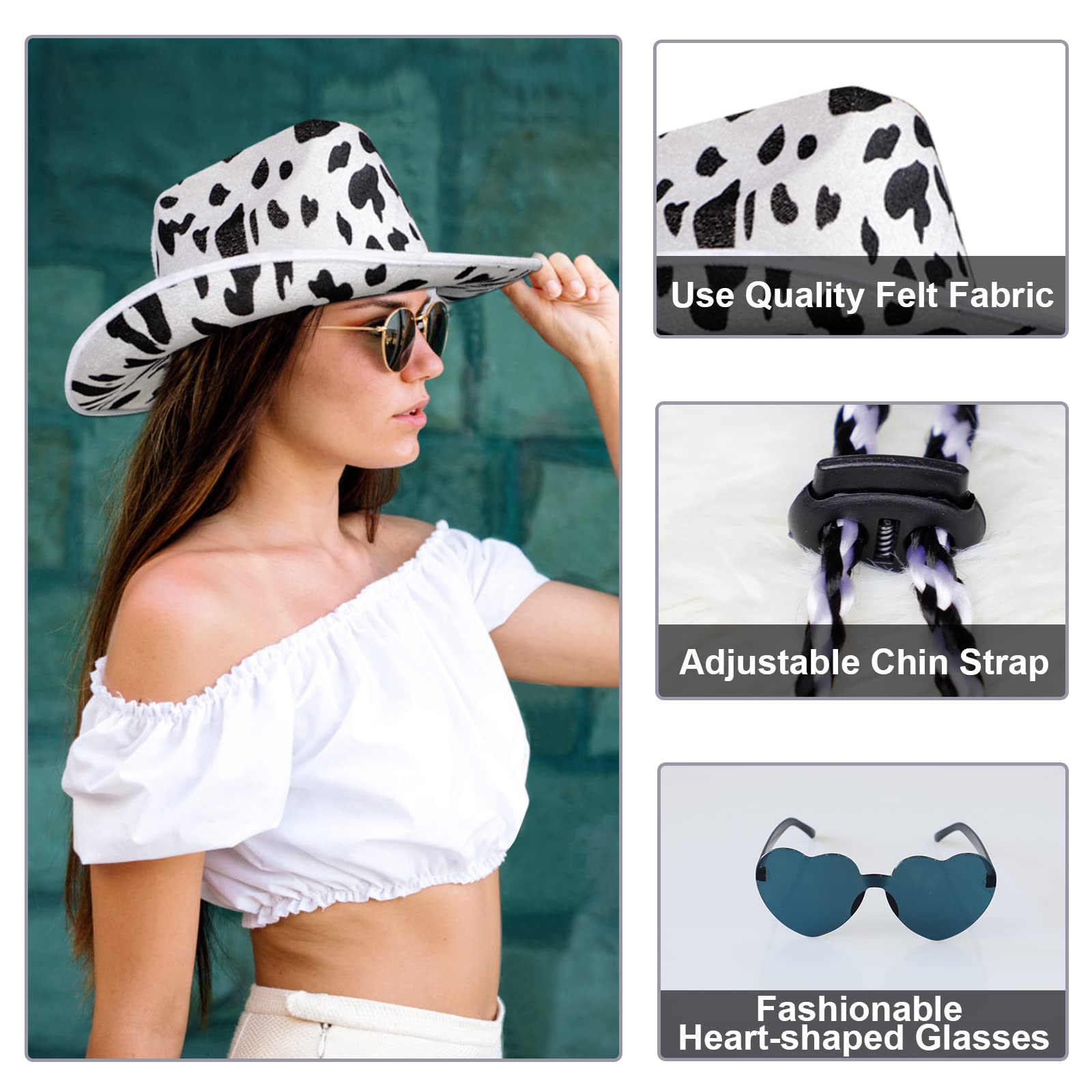 Tanganan Cowboy Hat for Women Men Cowgirl Hat Sparkly Cowboy Hats for Halloween Costume Dress Up,Bachelorette Theme Party (Cow Print) - Image 3